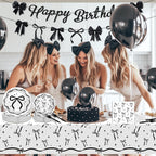 Lecheme Black Bow Birthday Decorations Kit | Elegant Coquette Party Supplies for 24 | Plates, Napkins, Banner & Tablecloth