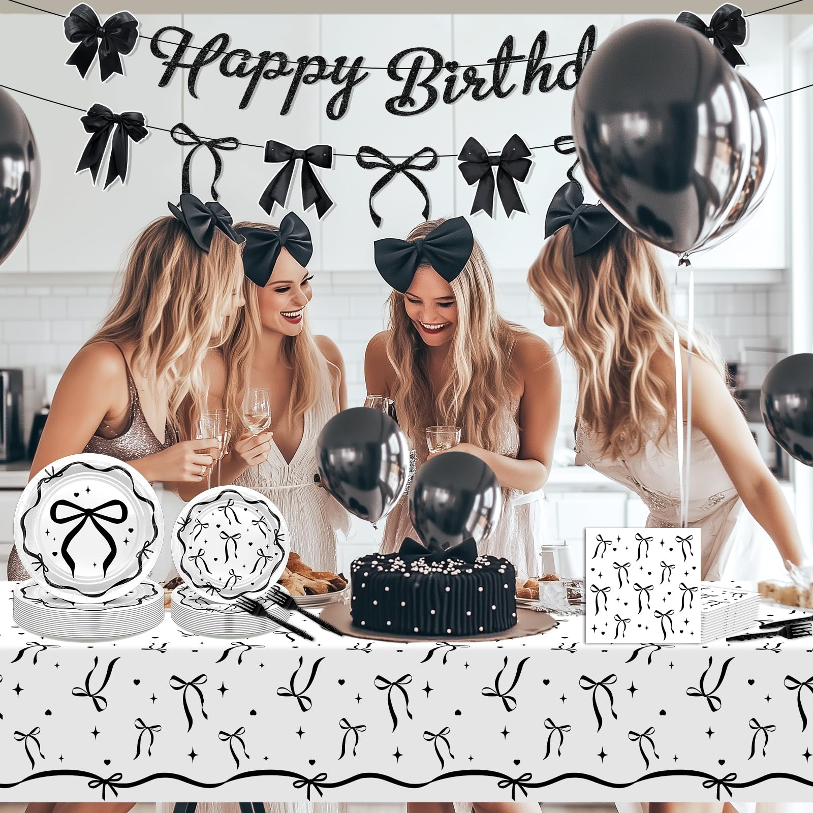 Lecheme Black Bow Birthday Decorations Kit | Elegant Coquette Party Supplies for 24 | Plates, Napkins, Banner & Tablecloth