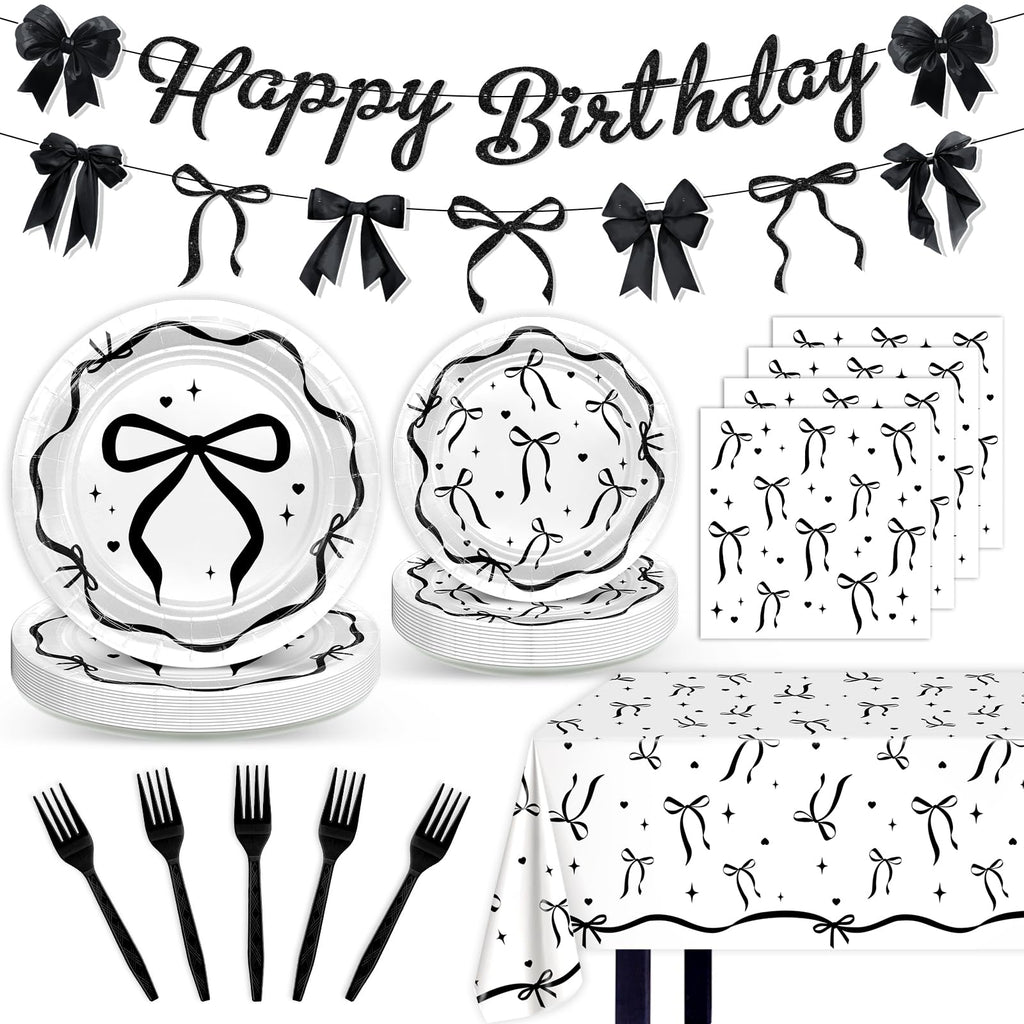 Lecheme Black Bow Birthday Decorations Kit | Elegant Coquette Party Supplies for 24 | Plates, Napkins, Banner & Tablecloth
