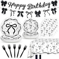 Lecheme Black Bow Birthday Decorations Kit | Elegant Coquette Party Supplies for 24 | Plates, Napkins, Banner & Tablecloth