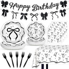 Lecheme Black Bow Birthday Decorations Kit | Elegant Coquette Party Supplies for 24 | Plates, Napkins, Banner & Tablecloth