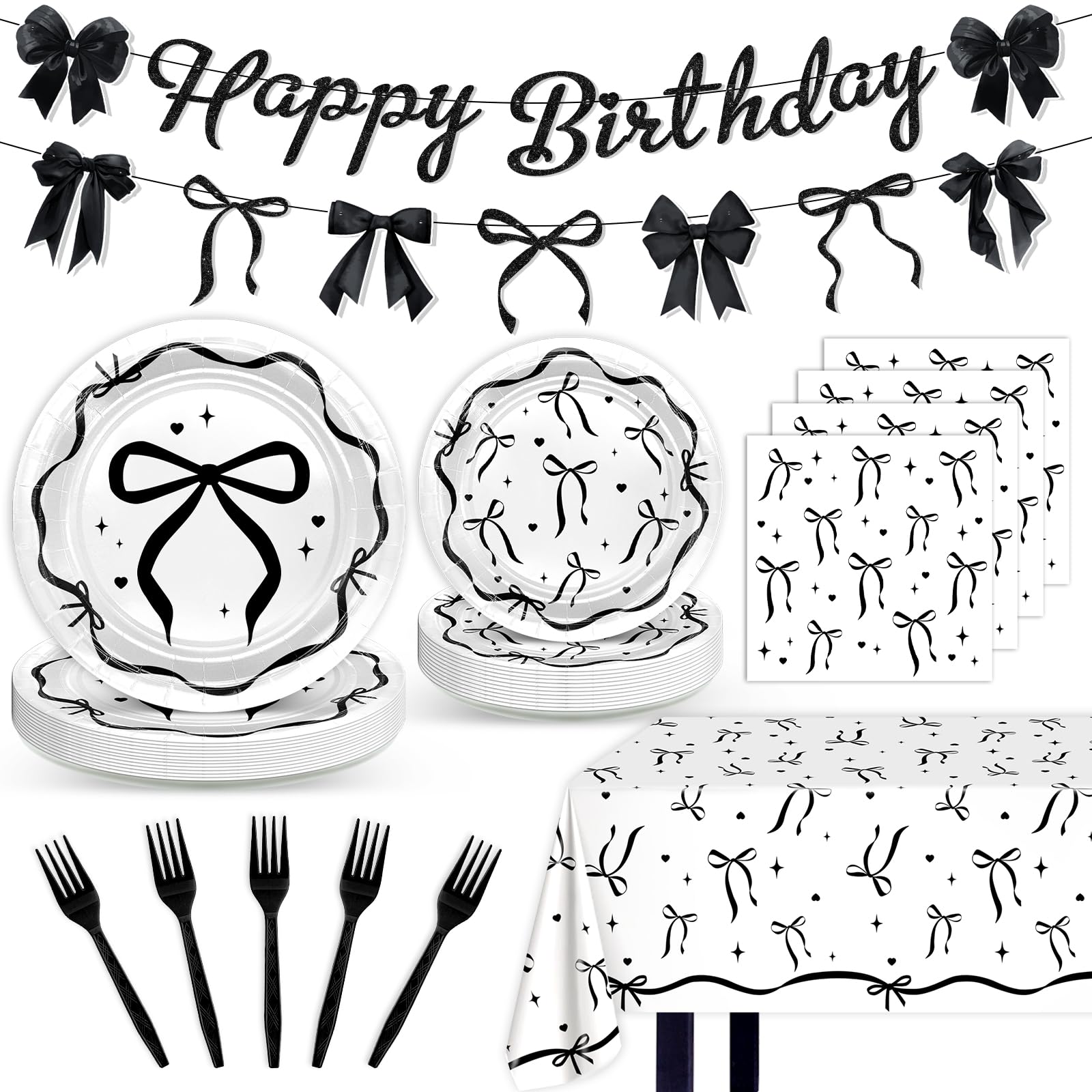 Lecheme Black Bow Birthday Decorations Kit | Elegant Coquette Party Supplies for 24 | Plates, Napkins, Banner & Tablecloth