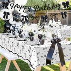 Lecheme Black Bow Birthday Decorations Kit | Elegant Coquette Party Supplies for 24 | Plates, Napkins, Banner & Tablecloth
