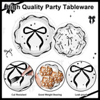 Lecheme Black Bow Birthday Decorations Kit | Elegant Coquette Party Supplies for 24 | Plates, Napkins, Banner & Tablecloth