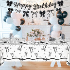 Lecheme Black Bow Birthday Decorations Kit | Elegant Coquette Party Supplies for 24 | Plates, Napkins, Banner & Tablecloth