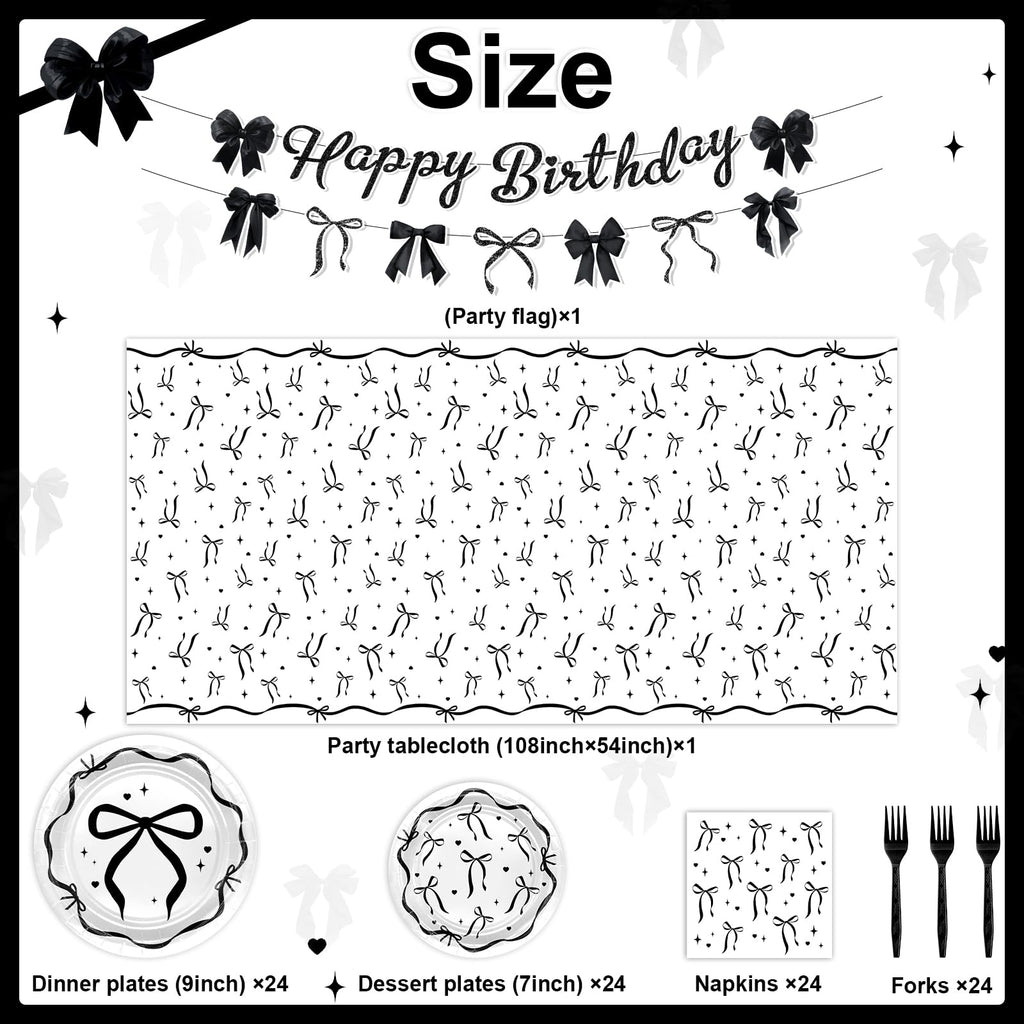 Lecheme Black Bow Birthday Decorations Kit | Elegant Coquette Party Supplies for 24 | Plates, Napkins, Banner & Tablecloth