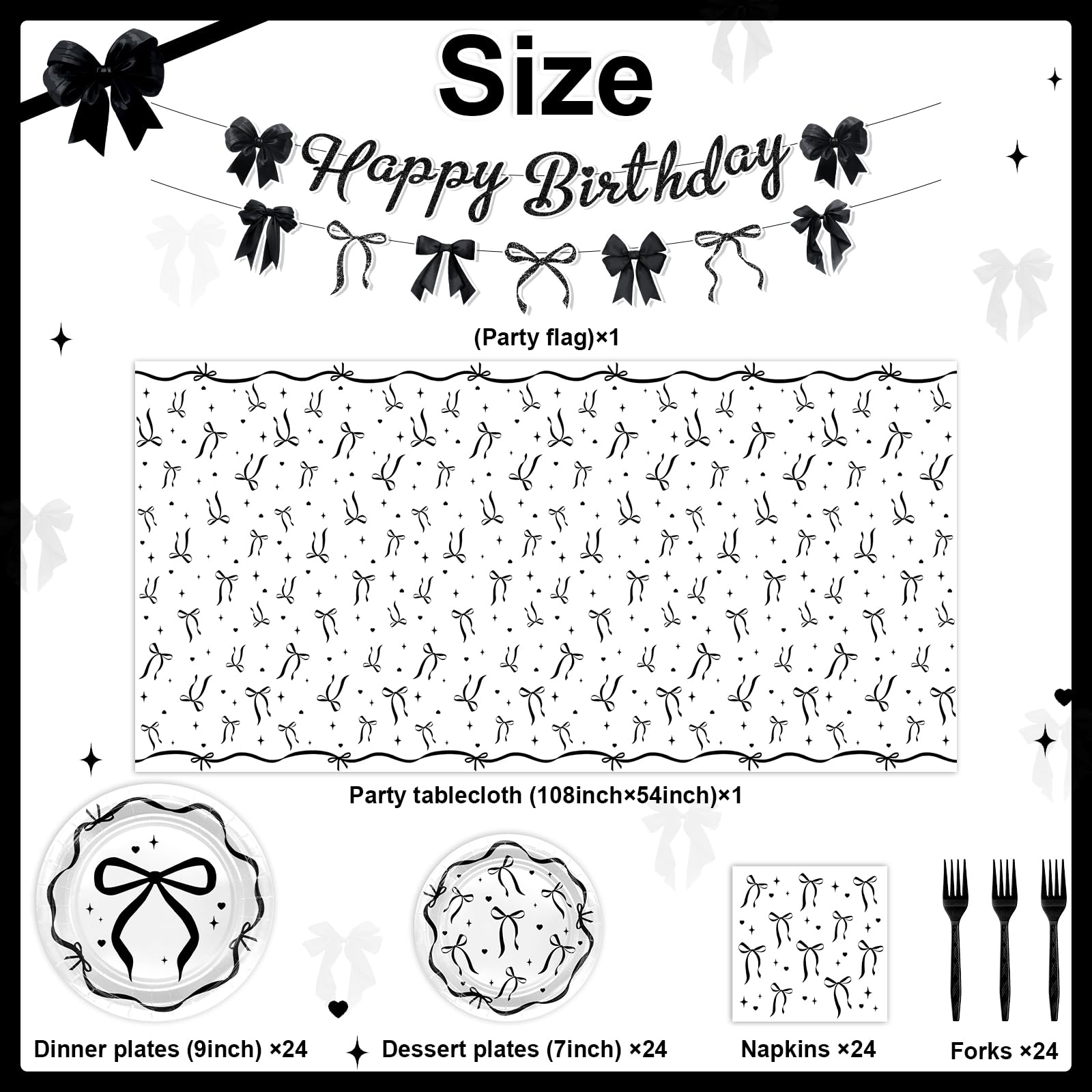 Lecheme Black Bow Birthday Decorations Kit | Elegant Coquette Party Supplies for 24 | Plates, Napkins, Banner & Tablecloth