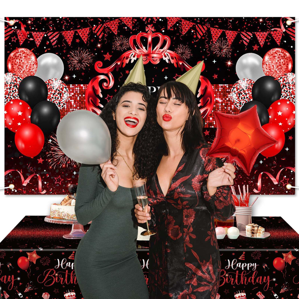 Lecheme Red & Black Birthday Decorations – 66 Pcs Banner, Balloons & Tablecloth for Parties