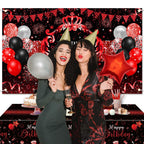 Lecheme Red & Black Birthday Decorations – 66 Pcs Banner, Balloons & Tablecloth for Parties