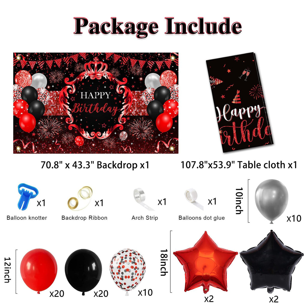 Lecheme Red & Black Birthday Decorations – 66 Pcs Banner, Balloons & Tablecloth for Parties