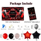 Lecheme Red & Black Birthday Decorations – 66 Pcs Banner, Balloons & Tablecloth for Parties