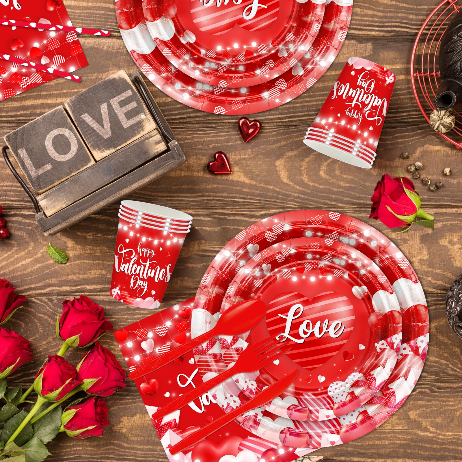 Lecheme Valentine’s Party Dinnerware Set – 192 Pcs for 24 Guests (Plates, Napkins, Cups, Table Cover & Banners)