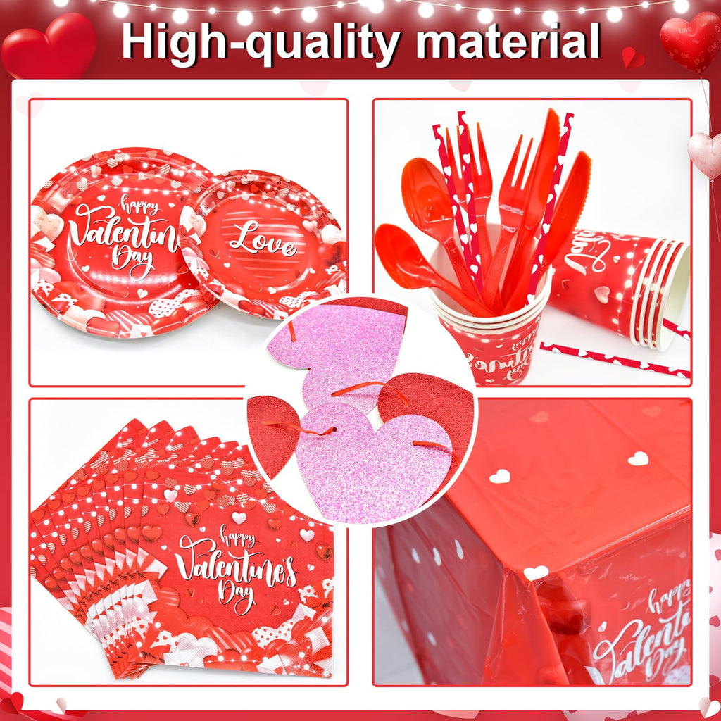 Lecheme Valentine’s Party Dinnerware Set – 192 Pcs for 24 Guests (Plates, Napkins, Cups, Table Cover & Banners)