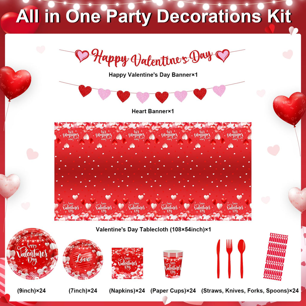 Lecheme Valentine’s Party Dinnerware Set – 192 Pcs for 24 Guests (Plates, Napkins, Cups, Table Cover & Banners)