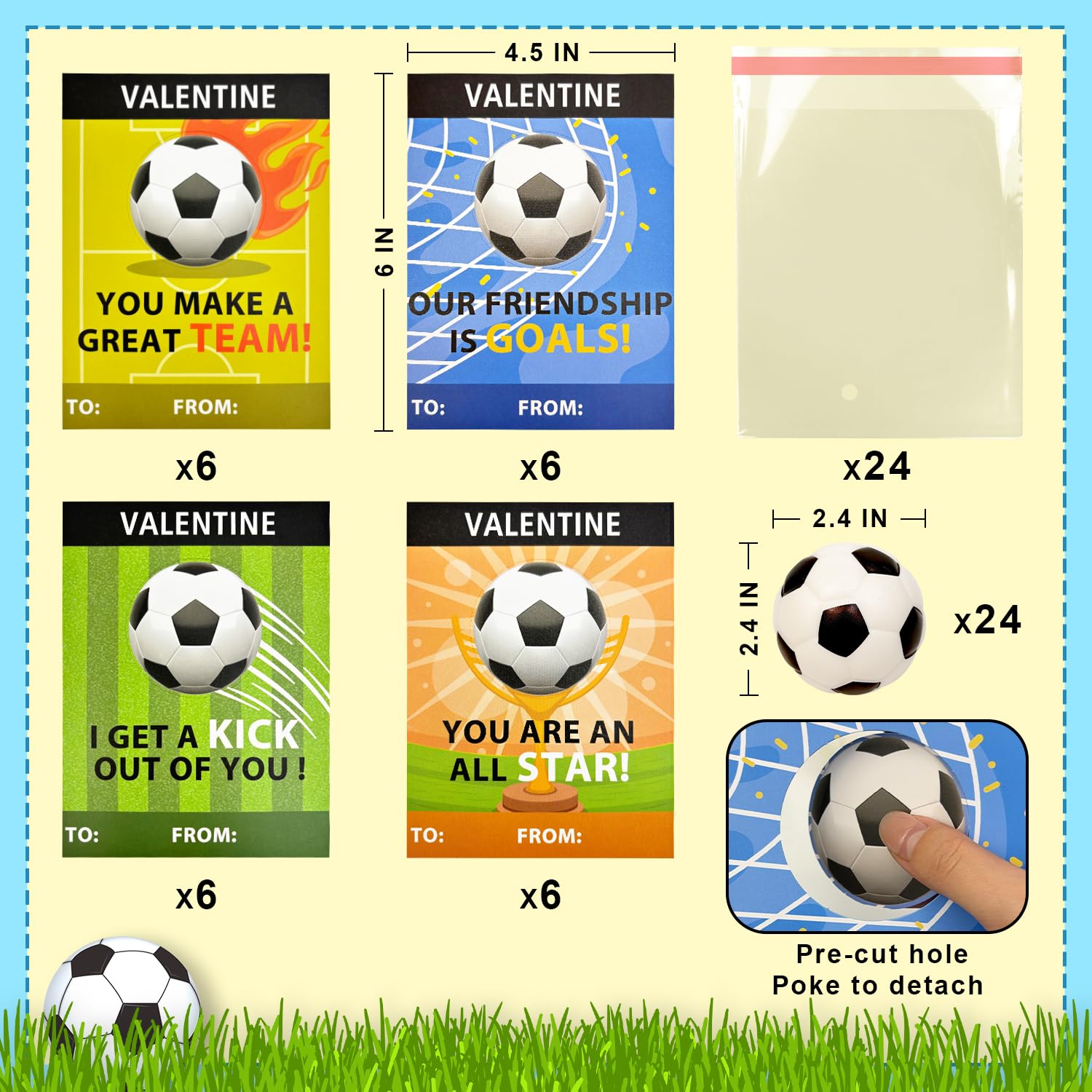 Leetous 24-Pack Soccer Valentine Cards & Mini Foam Balls – Kids Classroom Gifts & Party Favors