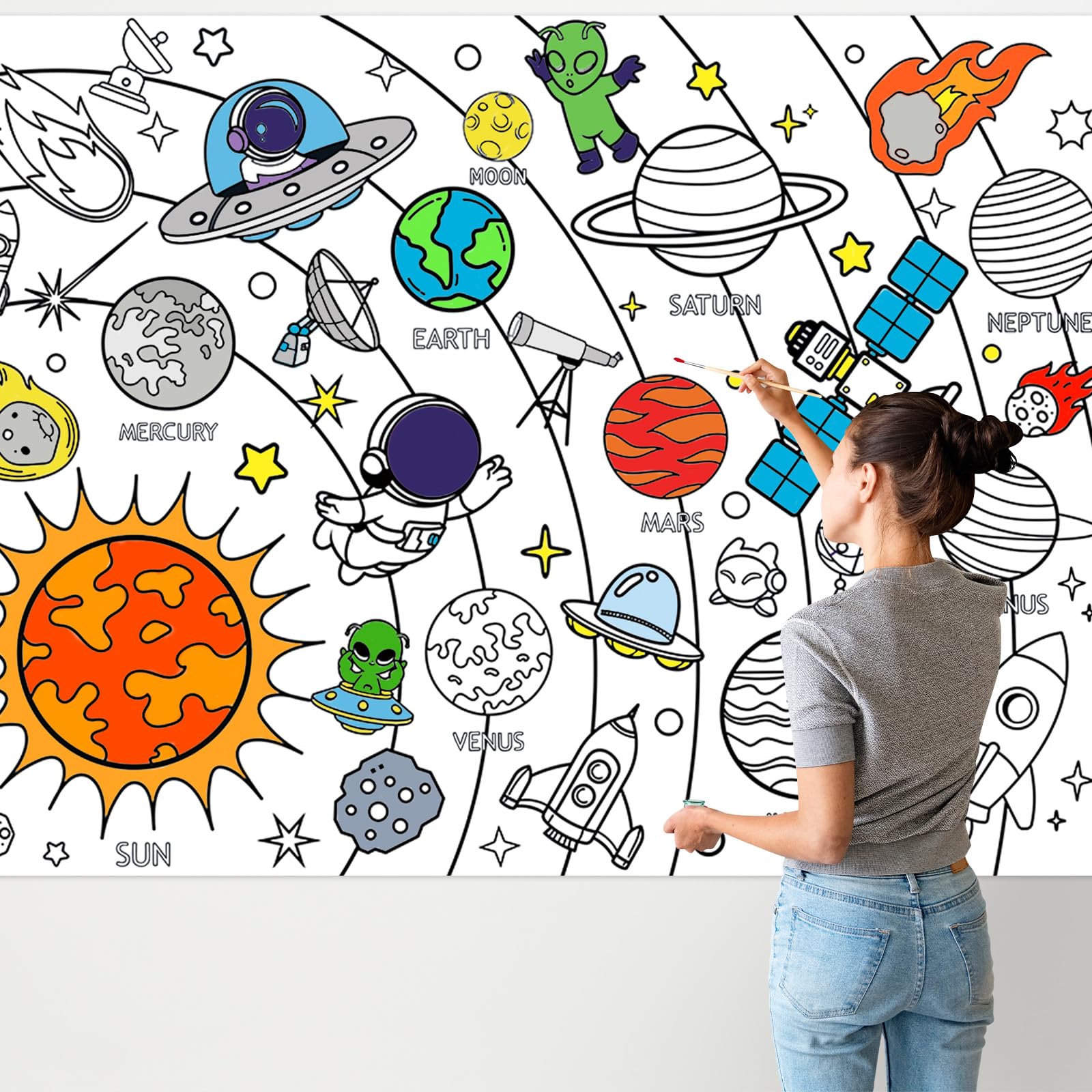 Leezead Outer Space Coloring Poster – Giant 31.4 x 43.3 in Tablecloth for Classroom & Party Activities