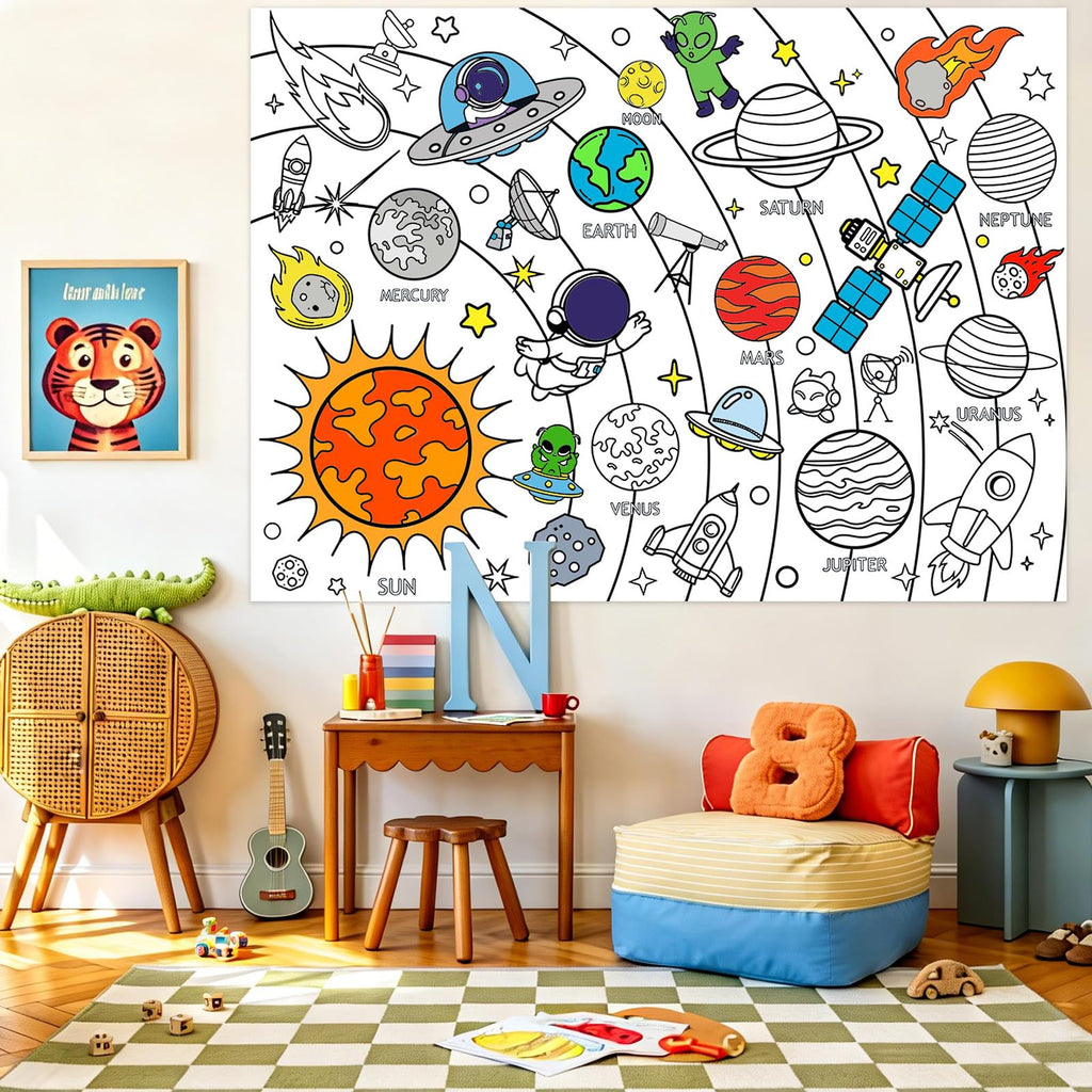 Leezead Outer Space Coloring Poster – Giant 31.4 x 43.3 in Tablecloth for Classroom & Party Activities