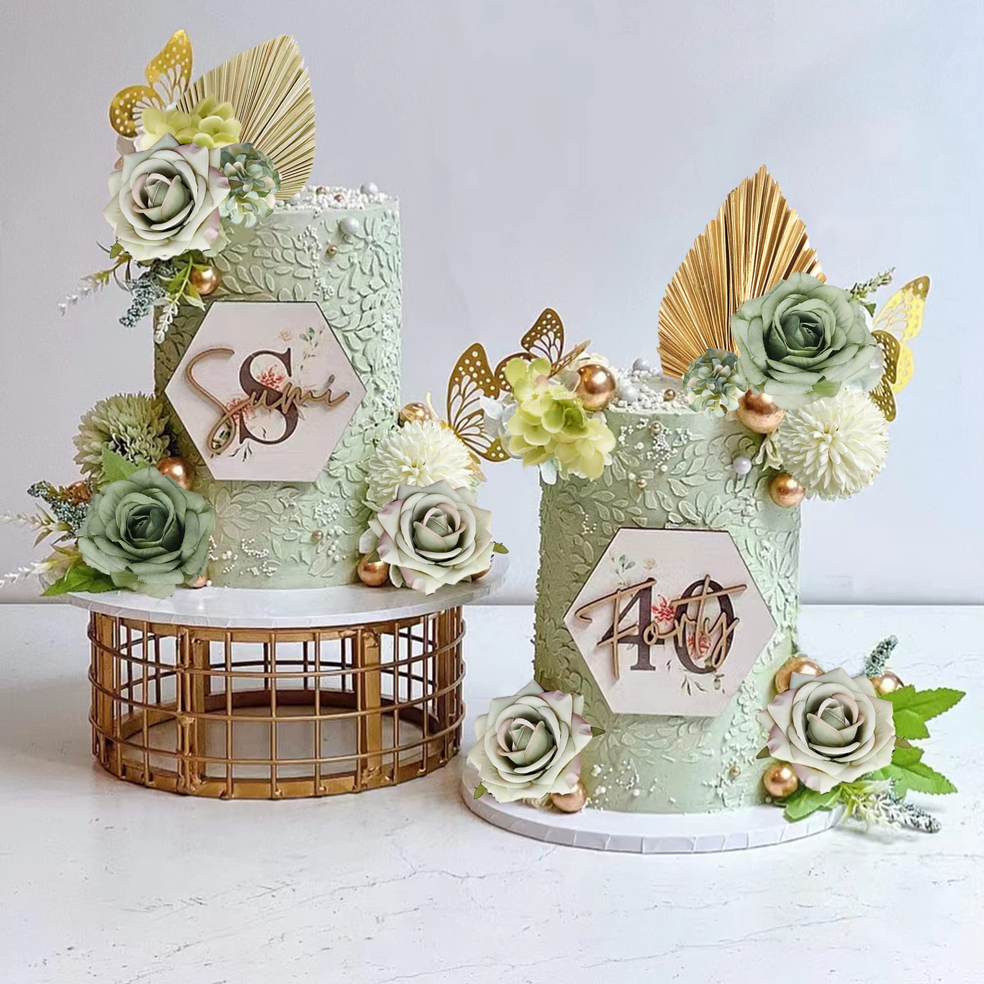LEFUBABY Boho Cake Topper Set – Palm Leaves, Dusty Green Flowers & Butterflies for Weddings, Baby Showers & Parties