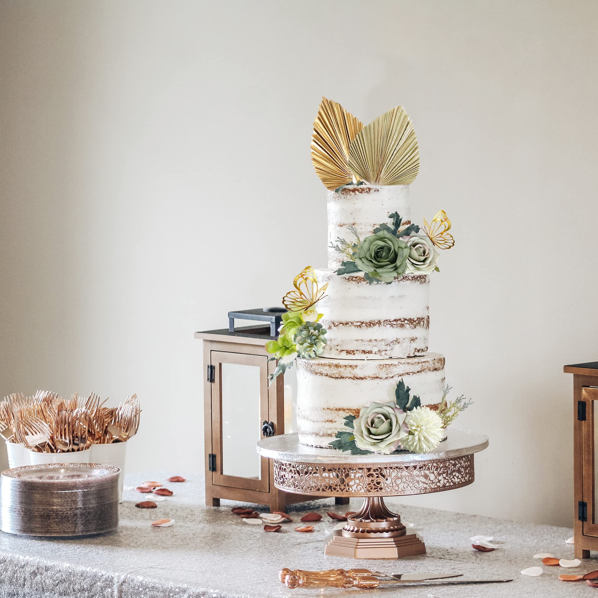 LEFUBABY Boho Cake Topper Set – Palm Leaves, Dusty Green Flowers & Butterflies for Weddings, Baby Showers & Parties