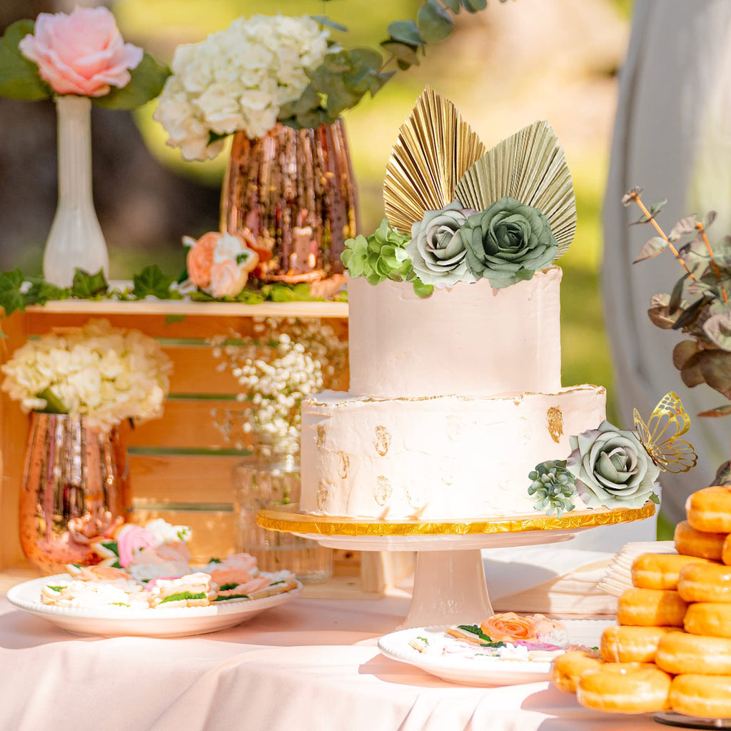 LEFUBABY Boho Cake Topper Set – Palm Leaves, Dusty Green Flowers & Butterflies for Weddings, Baby Showers & Parties