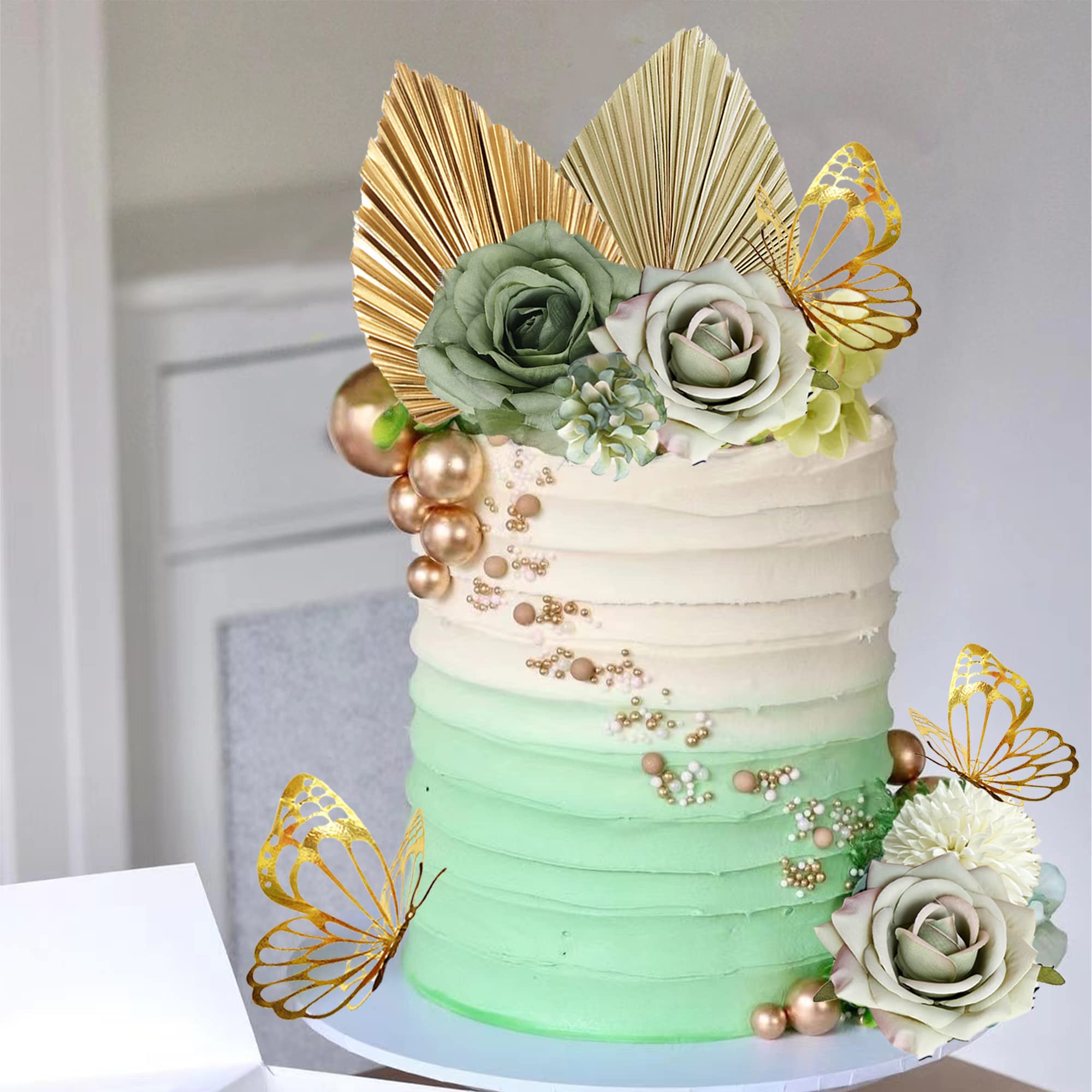 LEFUBABY Boho Cake Topper Set – Palm Leaves, Dusty Green Flowers & Butterflies for Weddings, Baby Showers & Parties