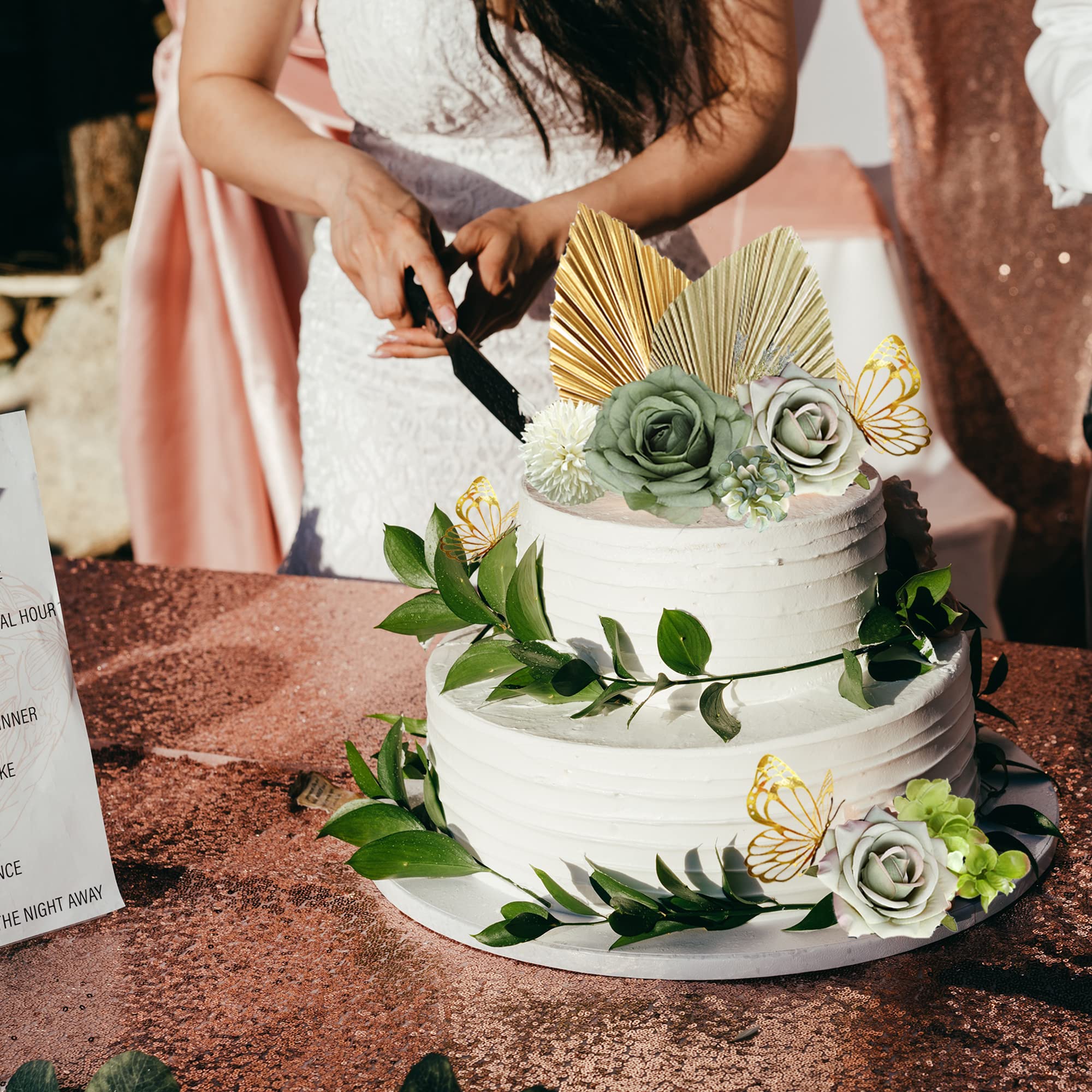 LEFUBABY Boho Cake Topper Set – Palm Leaves, Dusty Green Flowers & Butterflies for Weddings, Baby Showers & Parties