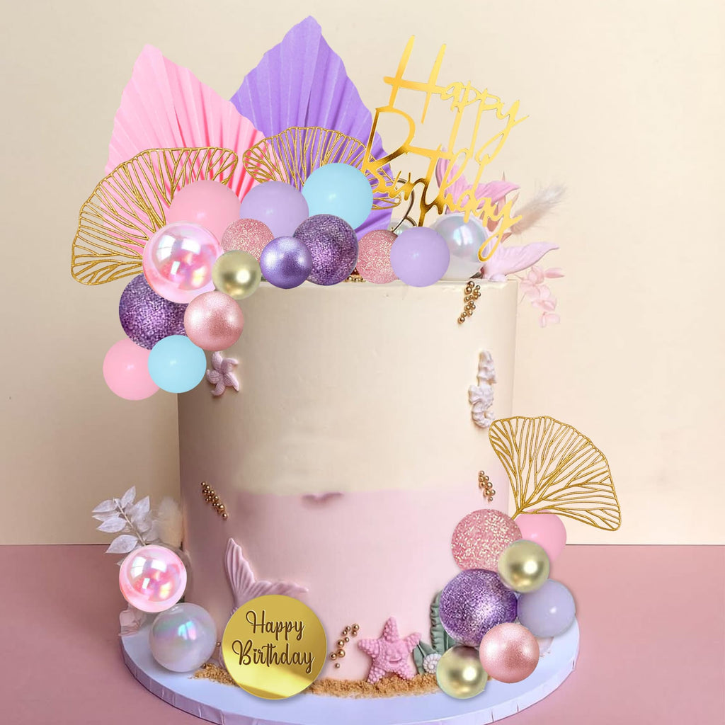 LEFUBABY Pink Purple Blue Ball Cake Toppers – Mermaid Birthday & Boho Wedding Decor