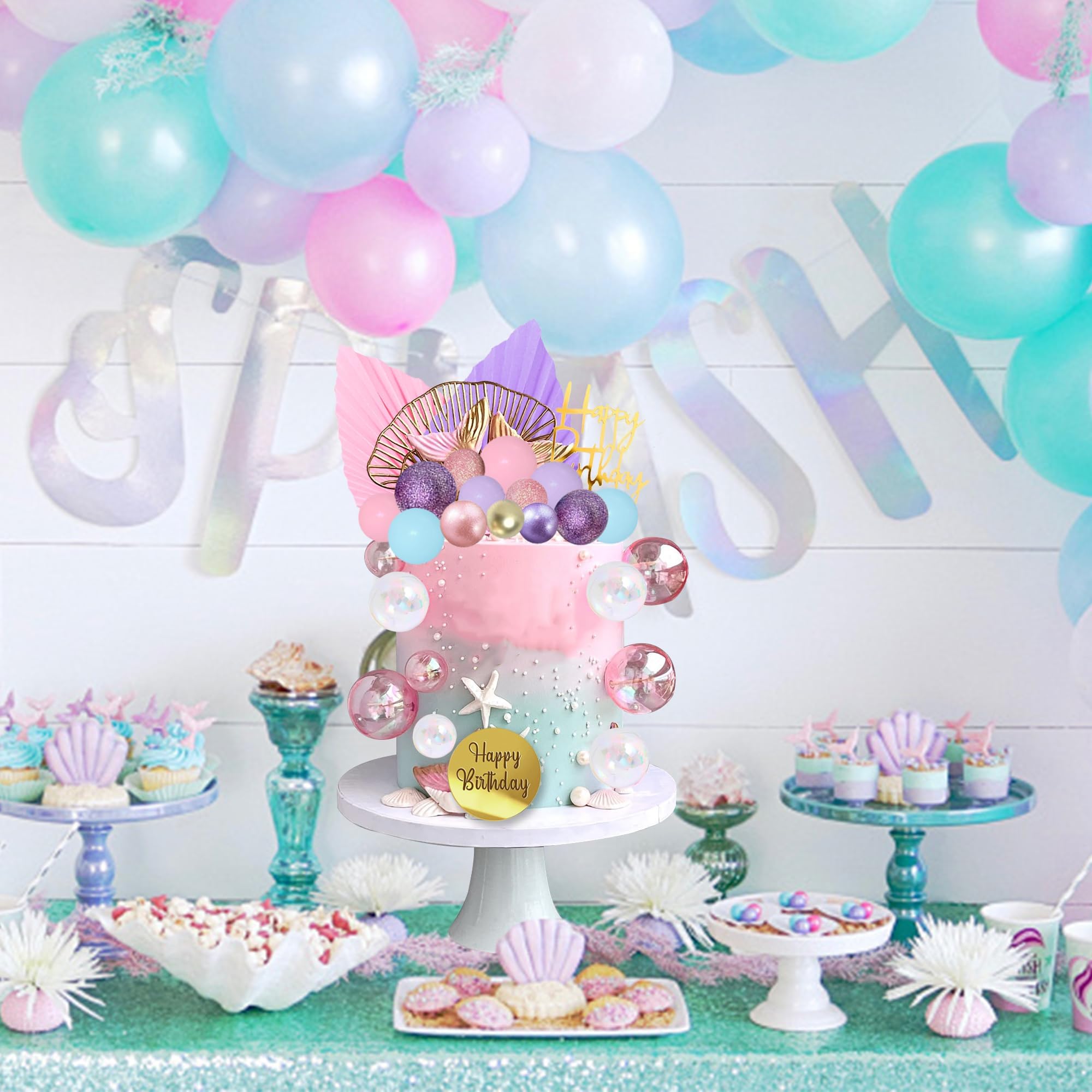 LEFUBABY Pink Purple Blue Ball Cake Toppers – Mermaid Birthday & Boho Wedding Decor
