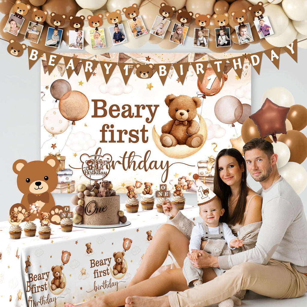 Lenyunge Beary First Birthday Decorations — 147pcs Bear Party Kit for 1st Birthday