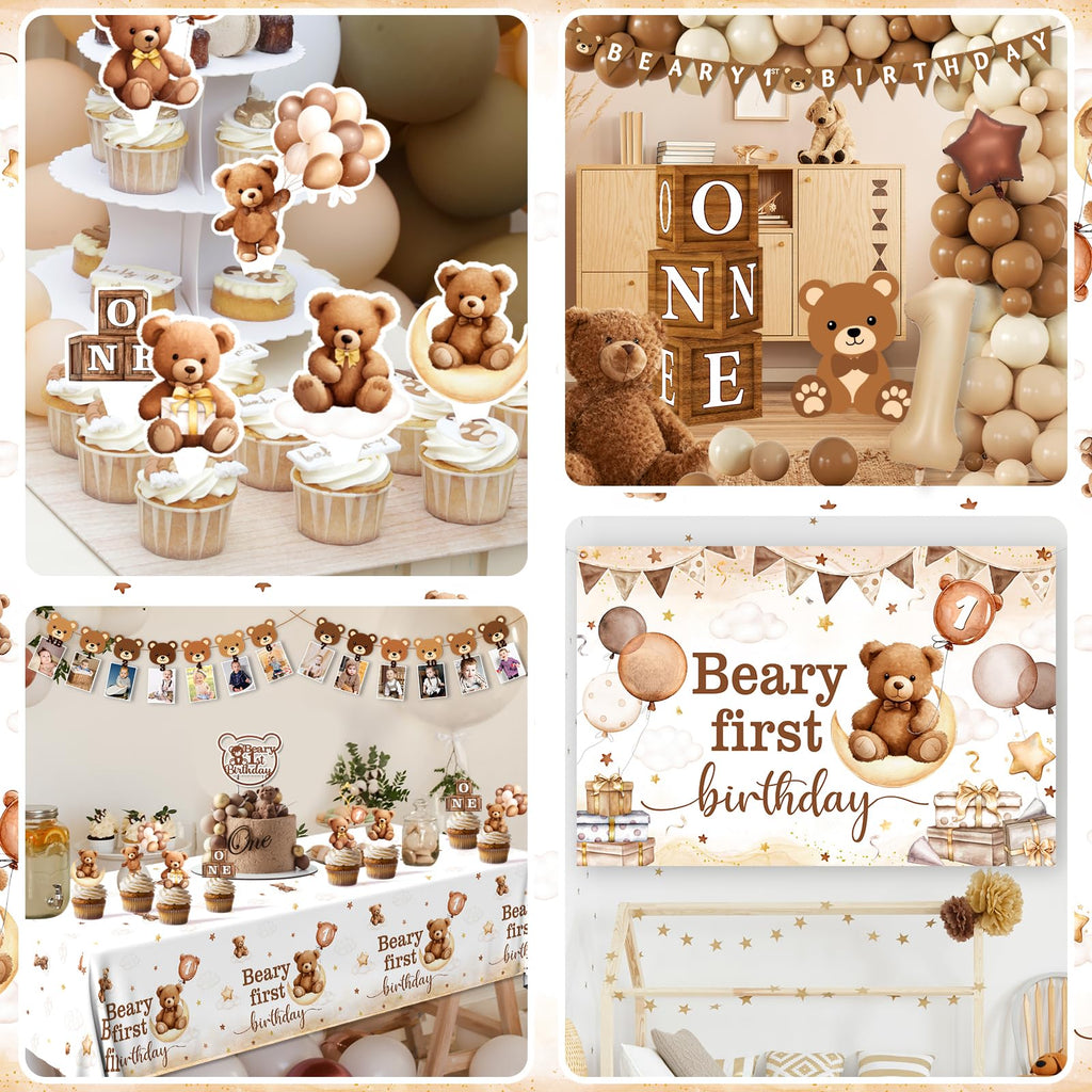 Lenyunge Beary First Birthday Decorations — 147pcs Bear Party Kit for 1st Birthday