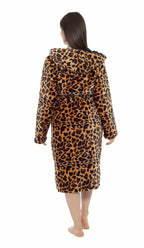 Daisy Dreamer Leopard Print Plush Fleece Hooded Bath Robe With Sherpa Fur Womens