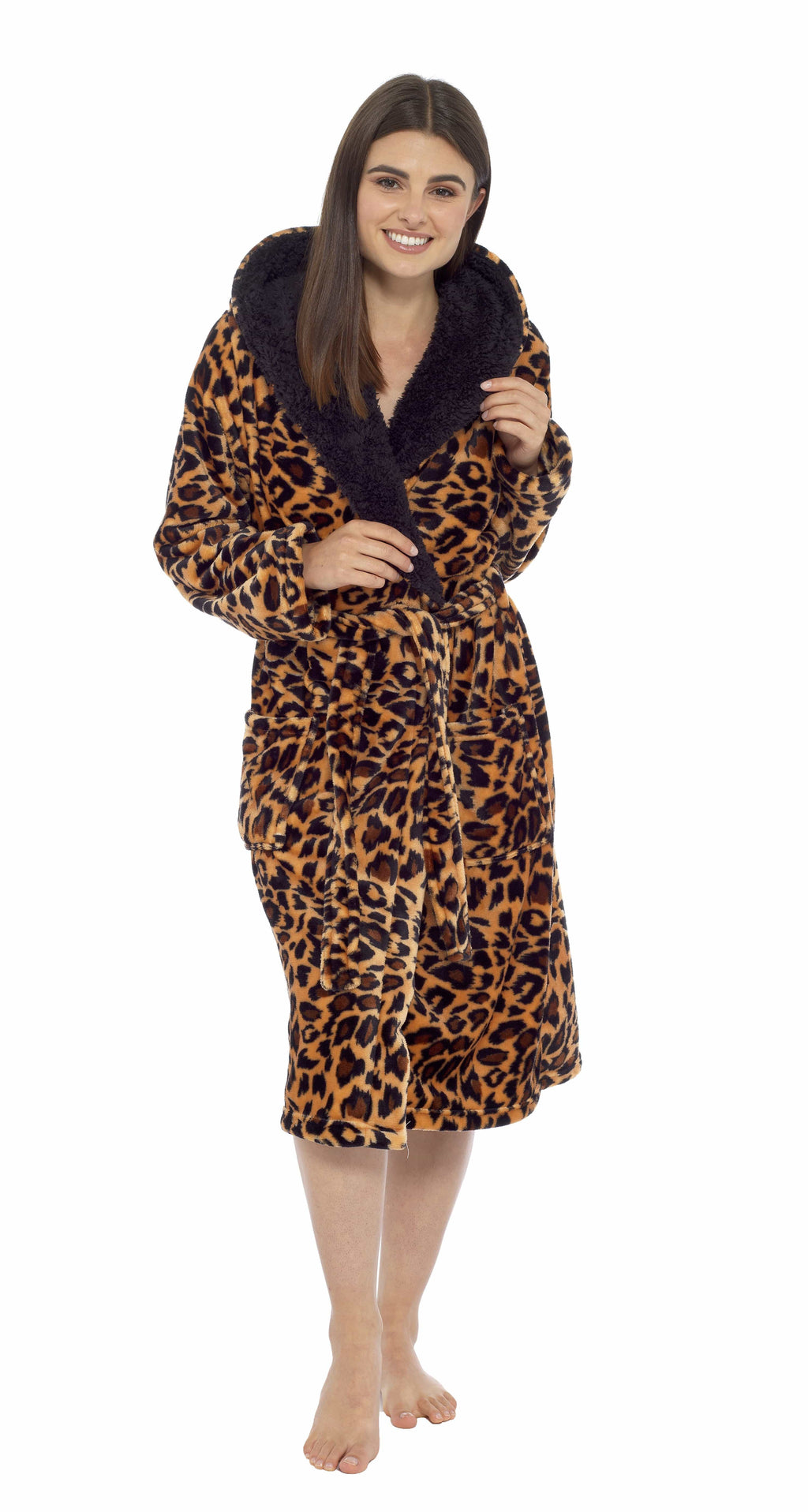 Daisy Dreamer Leopard Print Plush Fleece Hooded Bath Robe With Sherpa Fur Womens