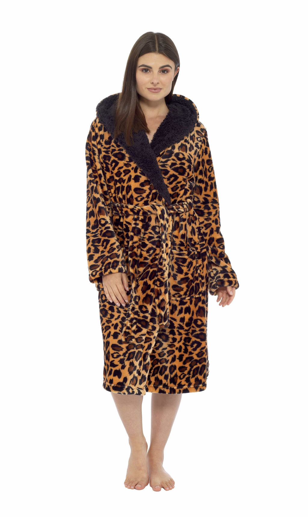 Daisy Dreamer Leopard Print Plush Fleece Hooded Bath Robe With Sherpa Fur Womens