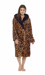 Daisy Dreamer Leopard Print Plush Fleece Hooded Bath Robe With Sherpa Fur Womens