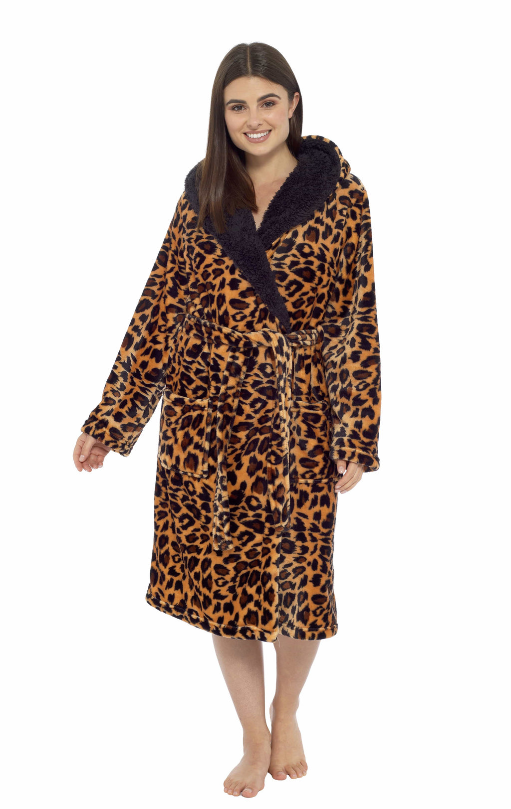 Daisy Dreamer Leopard Print Plush Fleece Hooded Bath Robe With Sherpa Fur Womens