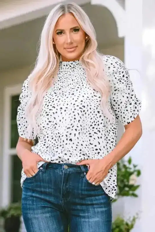Leopard Bubble Sleeve Smocked Blouse