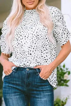 Leopard Bubble Sleeve Smocked Blouse