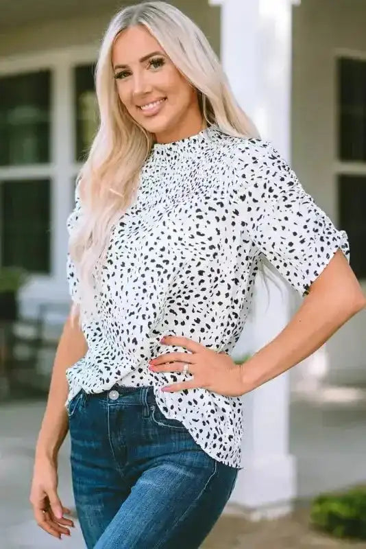 Leopard Bubble Sleeve Smocked Blouse