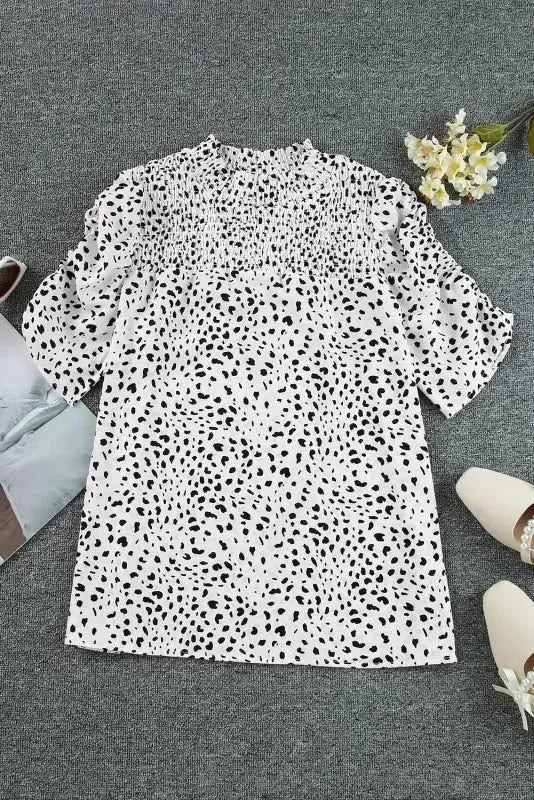 Leopard Bubble Sleeve Smocked Blouse