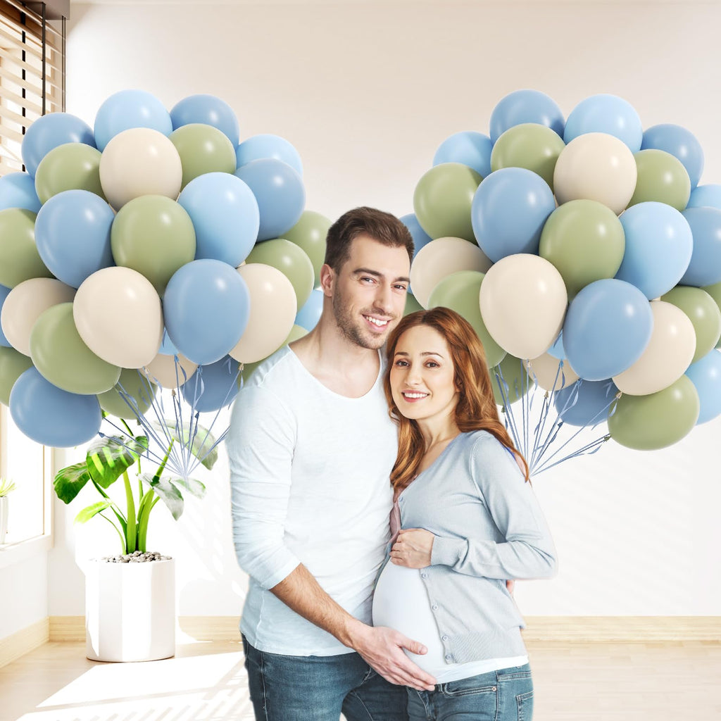 Leraqertra 60pcs Blue & Green Balloons 12in - Dusty Blue, Sage Green, Sand White for Baby Shower & Birthday Decor