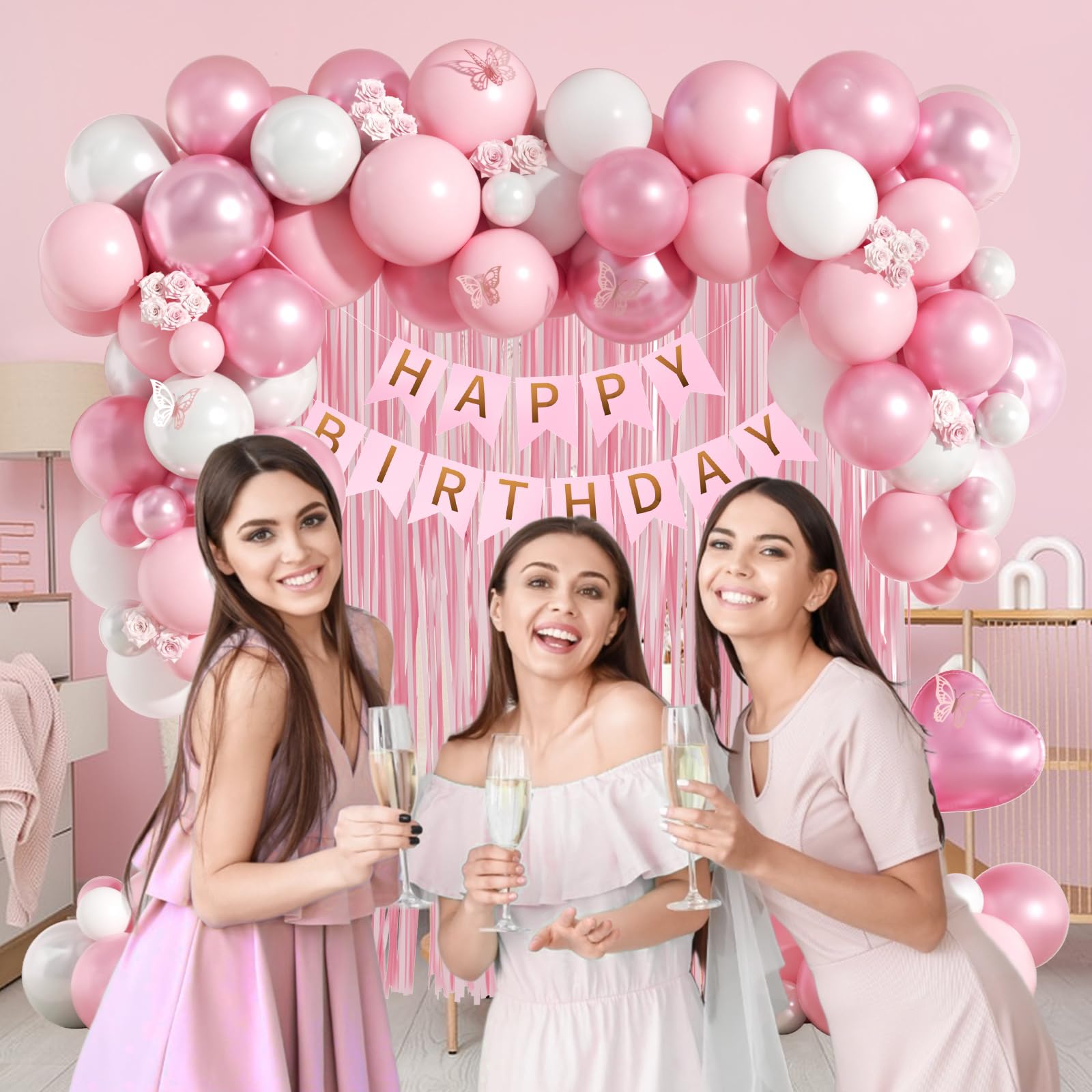 Leraqertra Pink Birthday Decorations Kit – Pearl White Balloons, Fringe Curtain & Banner