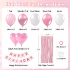 Leraqertra Pink Birthday Decorations Kit – Pearl White Balloons, Fringe Curtain & Banner