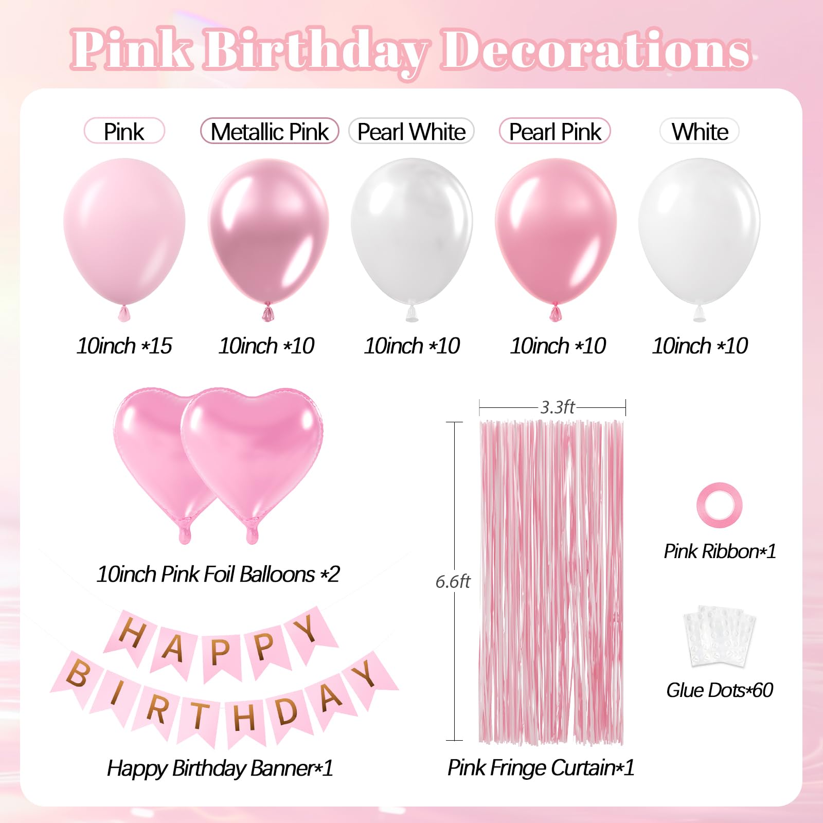 Leraqertra Pink Birthday Decorations Kit – Pearl White Balloons, Fringe Curtain & Banner