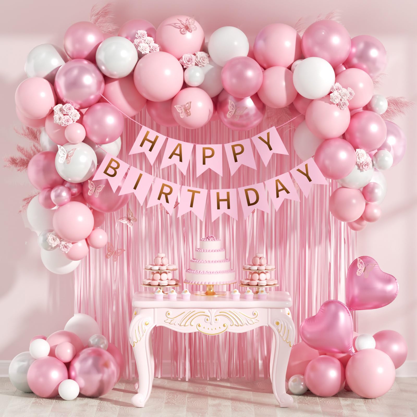 Leraqertra Pink Birthday Decorations Kit – Pearl White Balloons, Fringe Curtain & Banner