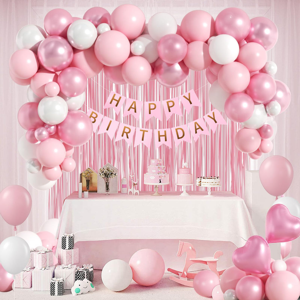 Leraqertra Pink Birthday Decorations Kit – Pearl White Balloons, Fringe Curtain & Banner