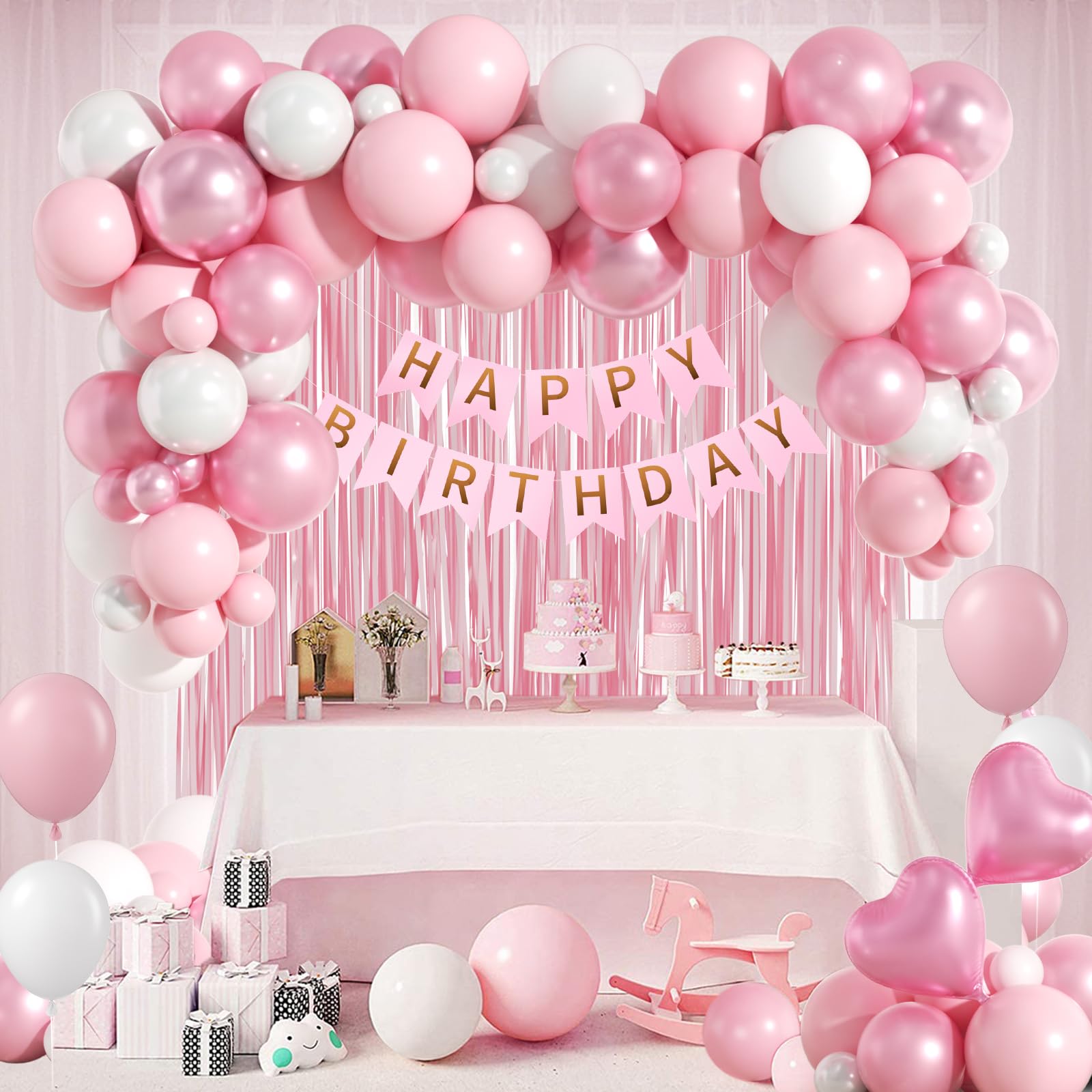 Leraqertra Pink Birthday Decorations Kit – Pearl White Balloons, Fringe Curtain & Banner