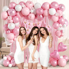 Leraqertra Pink Birthday Decorations Kit – Pearl White Balloons, Fringe Curtain & Banner