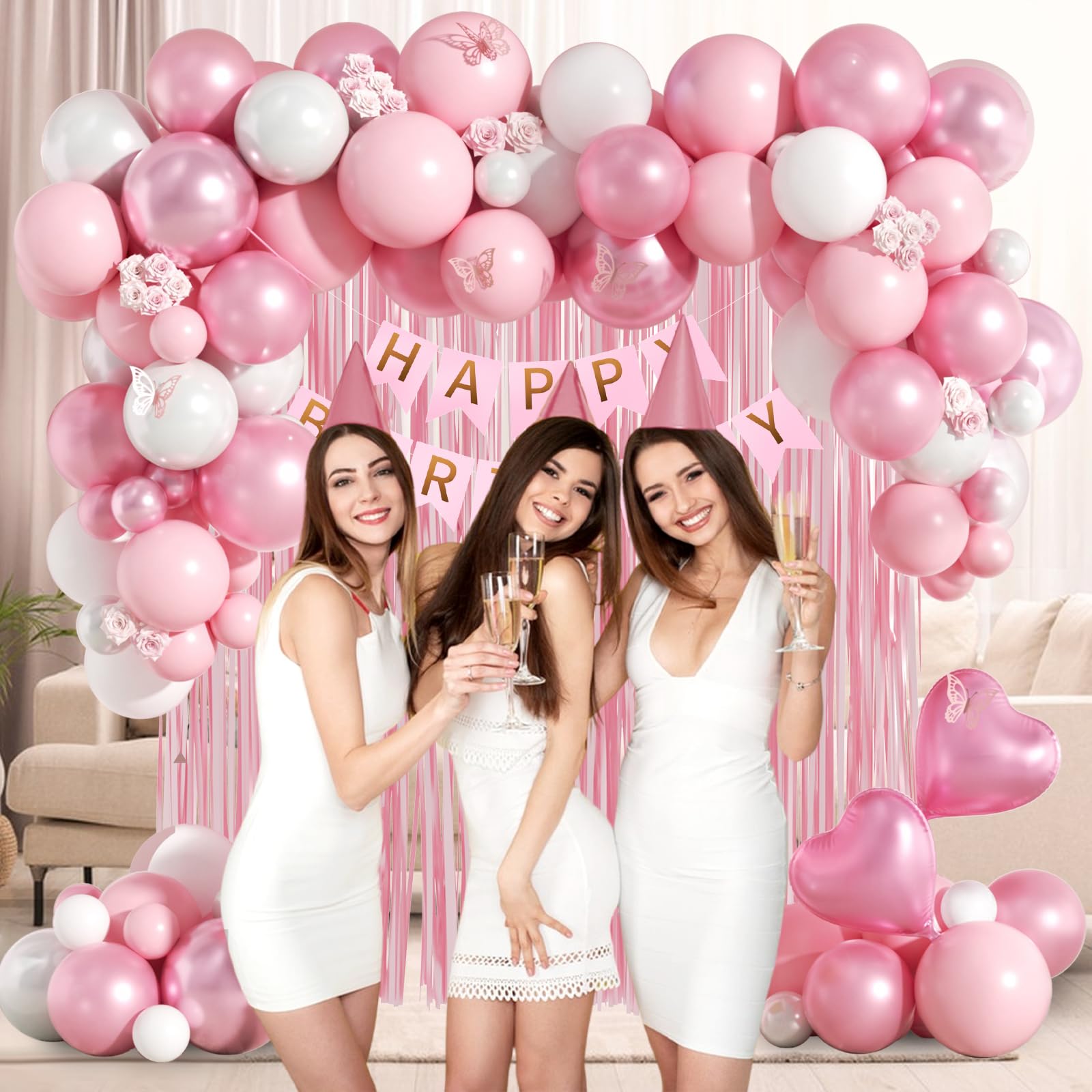 Leraqertra Pink Birthday Decorations Kit – Pearl White Balloons, Fringe Curtain & Banner