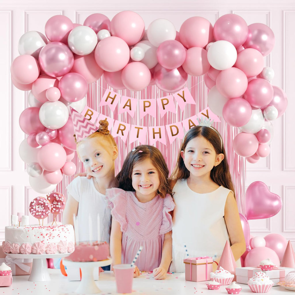 Leraqertra Pink Birthday Decorations Kit – Pearl White Balloons, Fringe Curtain & Banner