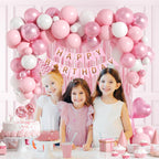Leraqertra Pink Birthday Decorations Kit – Pearl White Balloons, Fringe Curtain & Banner